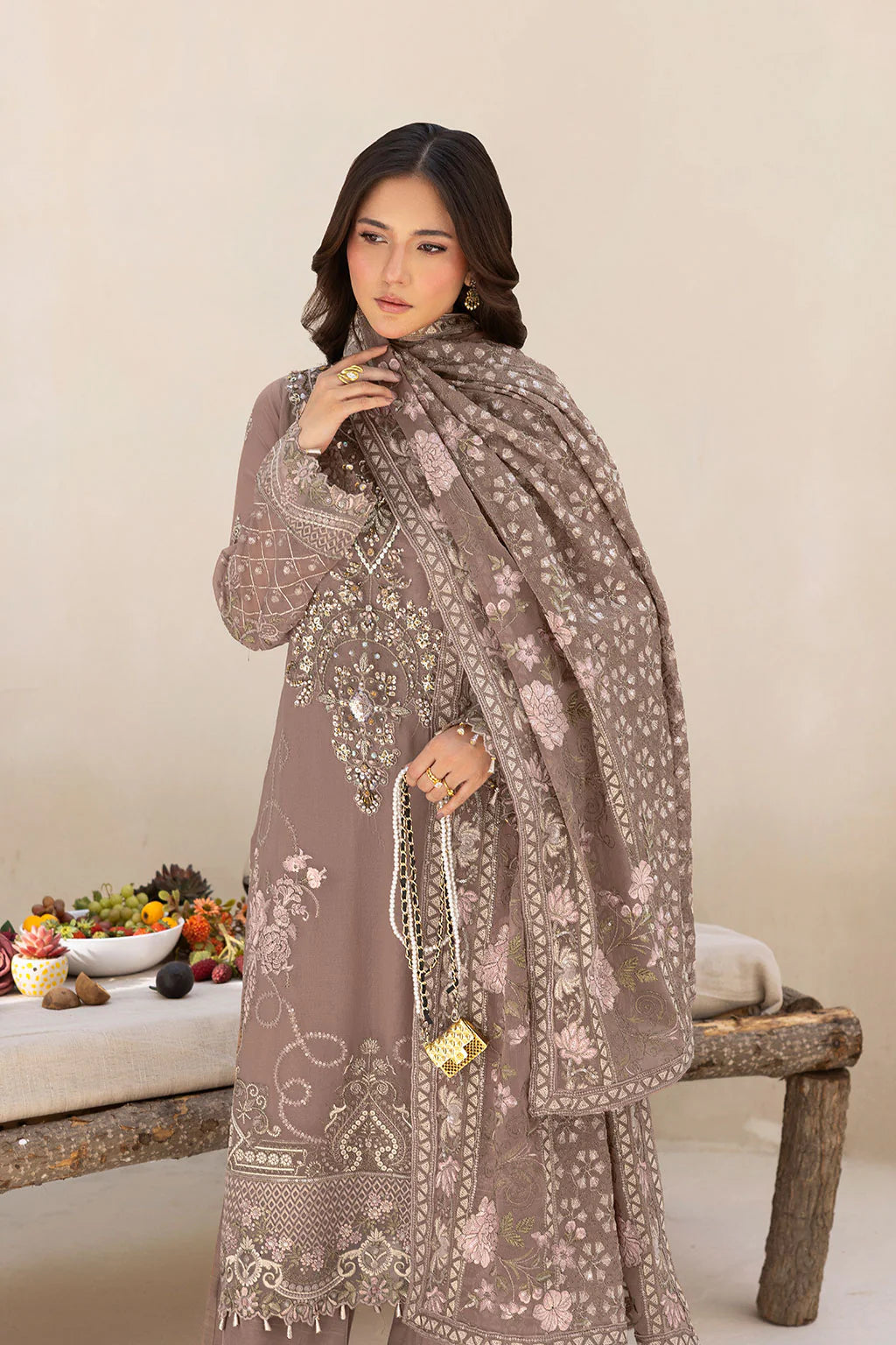 Embroidered Chiffon Suit with Sequins & Hand Embellished Organza ( EC112 )