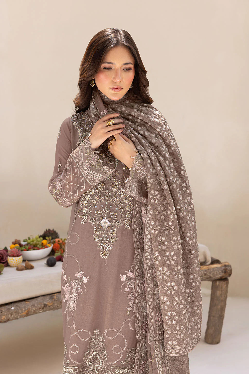 Embroidered Chiffon Suit with Sequins & Hand Embellished Organza ( EC112 )