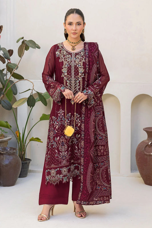 Embroidered Chiffon Suit with Sequins & Hand Embellished Organza ( EC111 )