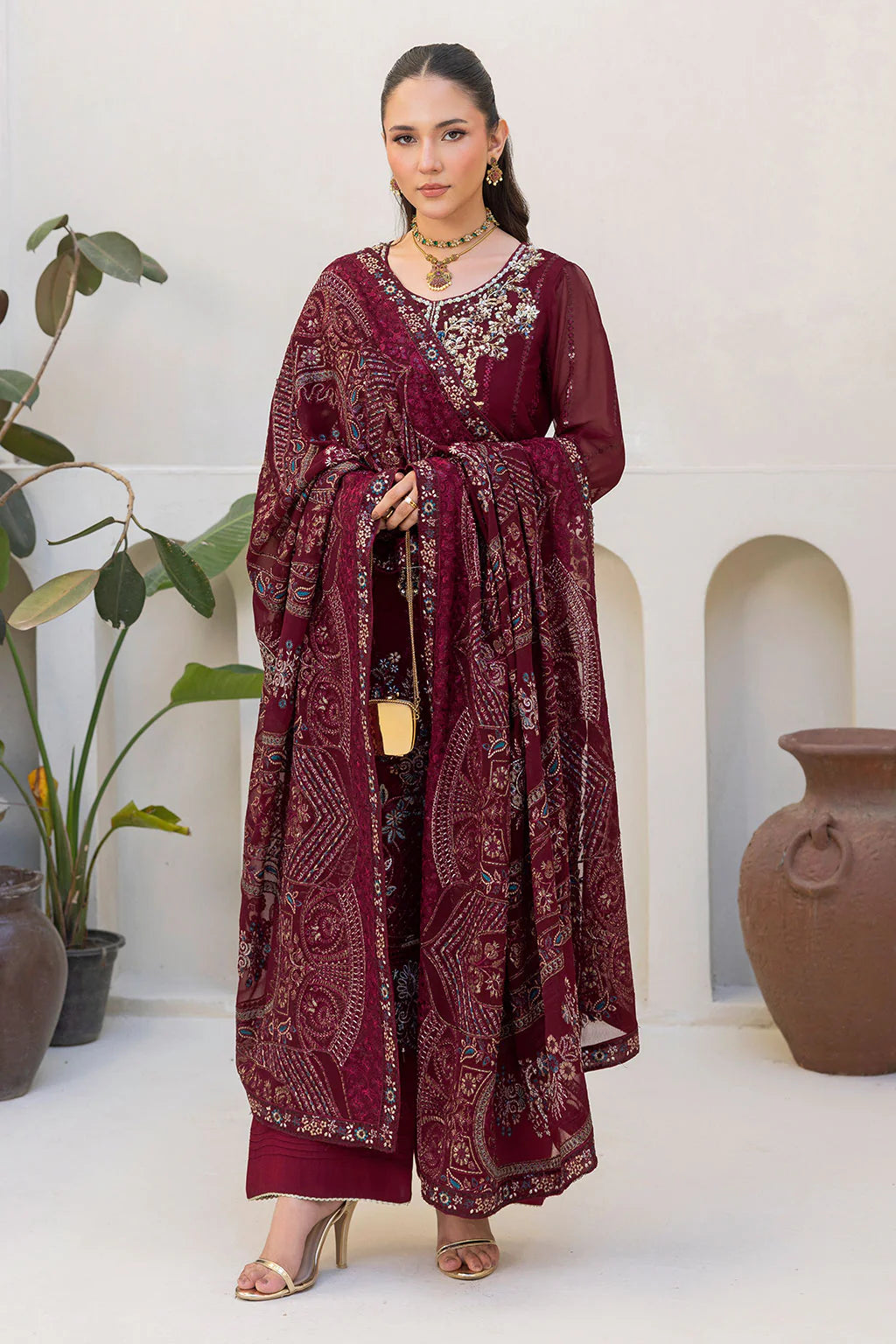 Embroidered Chiffon Suit with Sequins & Hand Embellished Organza ( EC111 )