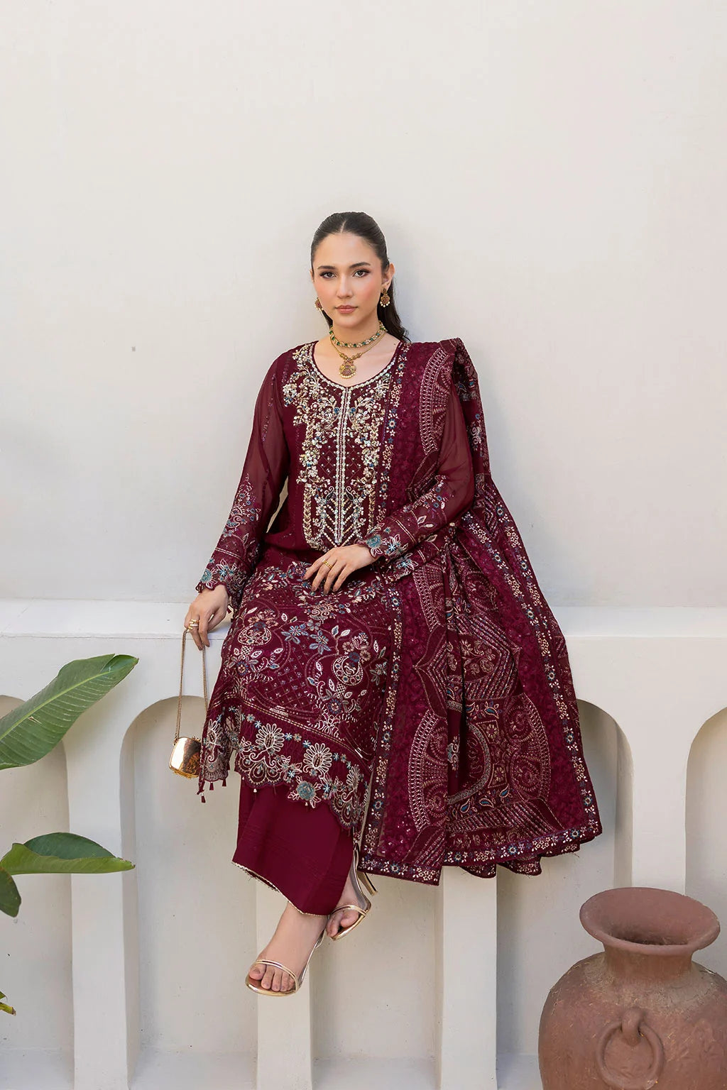 Embroidered Chiffon Suit with Sequins & Hand Embellished Organza ( EC111 )