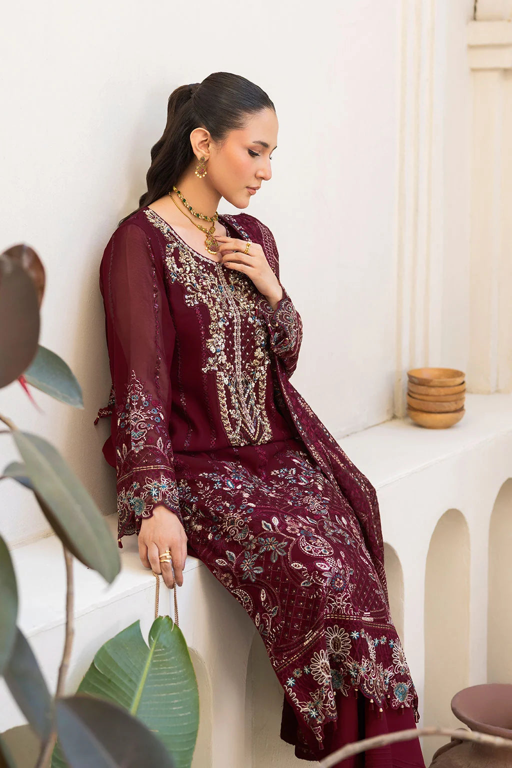 Embroidered Chiffon Suit with Sequins & Hand Embellished Organza ( EC111 )
