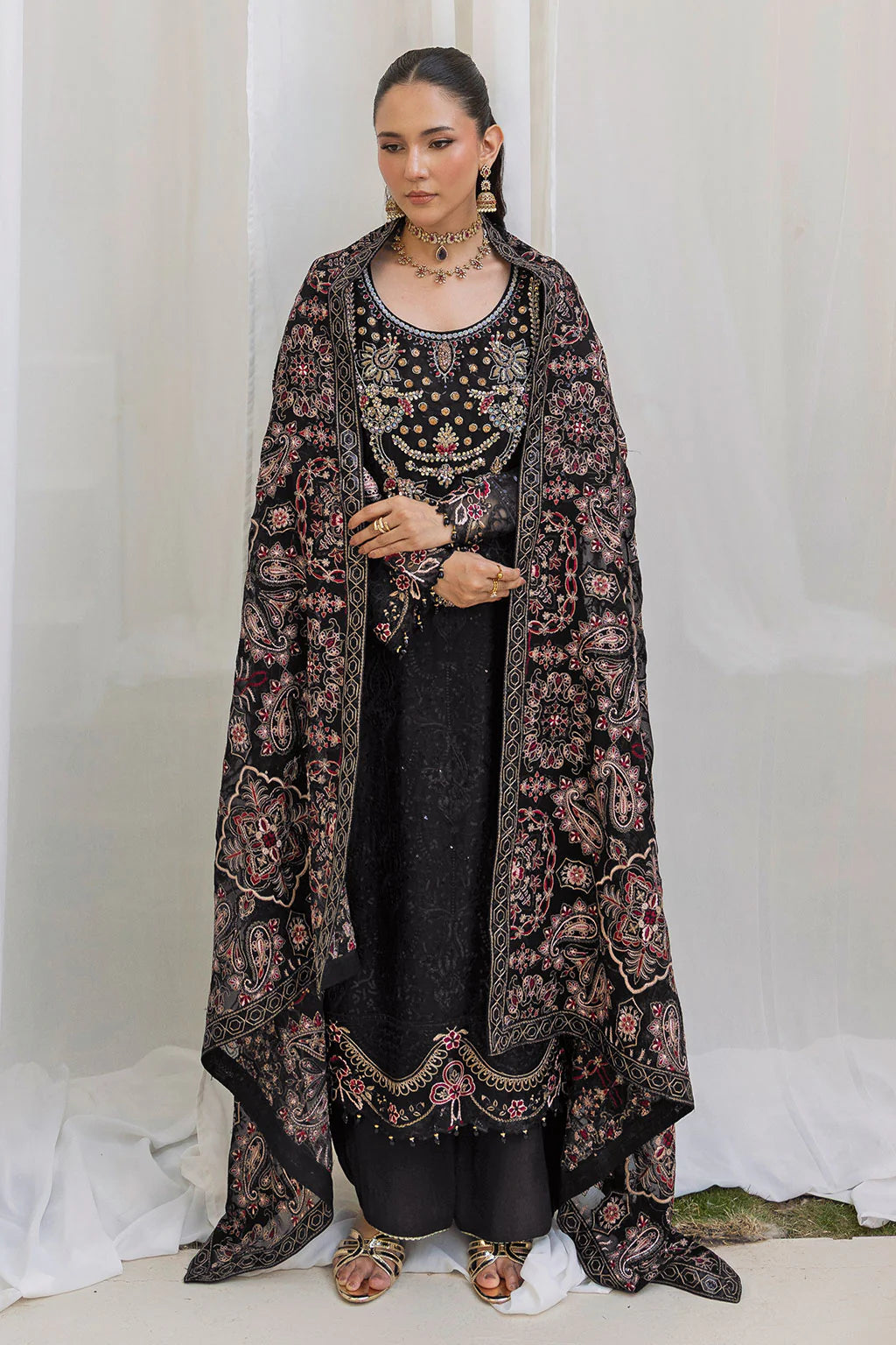 Embroidered Chiffon Suit with Sequins & Hand Embellished Organza ( EC114 )
