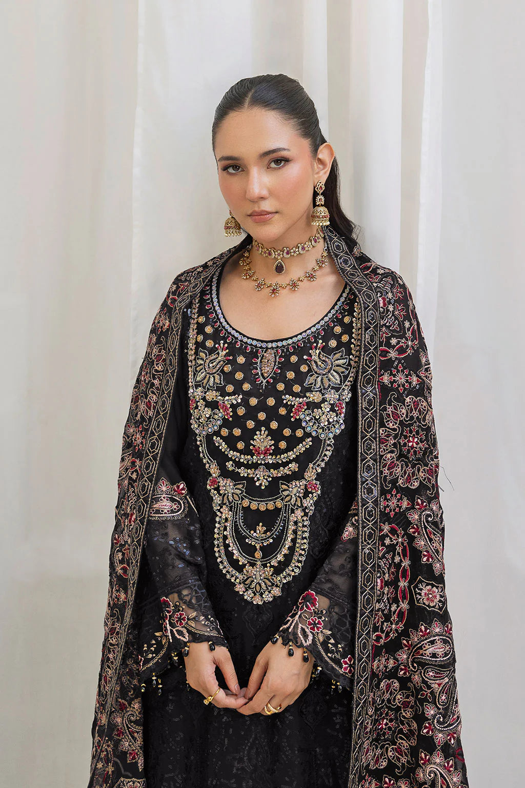 Embroidered Chiffon Suit with Sequins & Hand Embellished Organza ( EC114 )