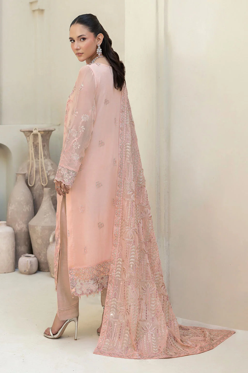 Embroidered Chiffon Suit with Sequins & Hand Embellished Organza ( EC115 )
