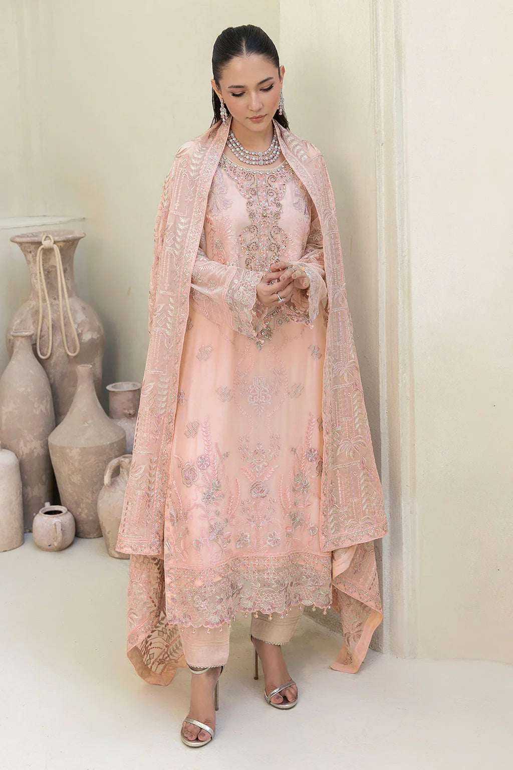 Embroidered Chiffon Suit with Sequins & Hand Embellished Organza ( EC115 )
