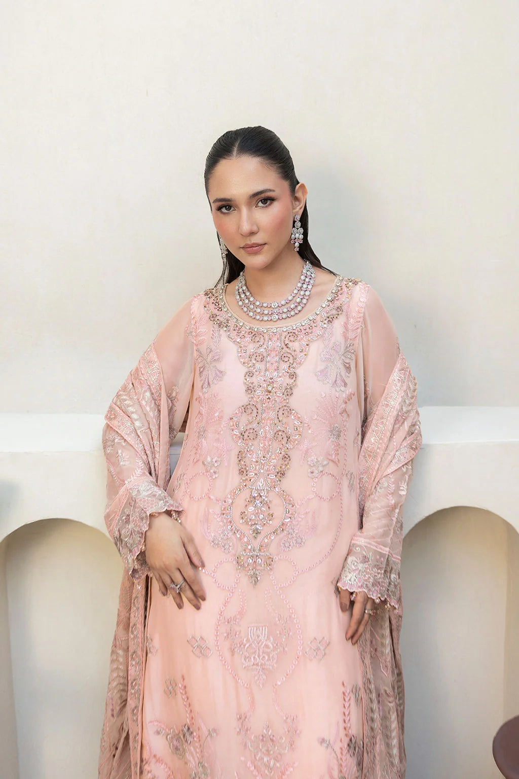 Embroidered Chiffon Suit with Sequins & Hand Embellished Organza ( EC115 )