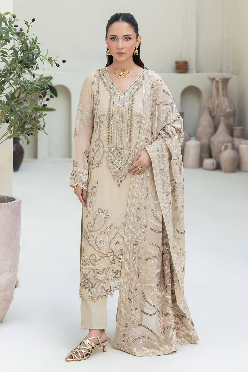 Embroidered Chiffon Suit with Sequins & Hand Embellished Organza ( EC110 )