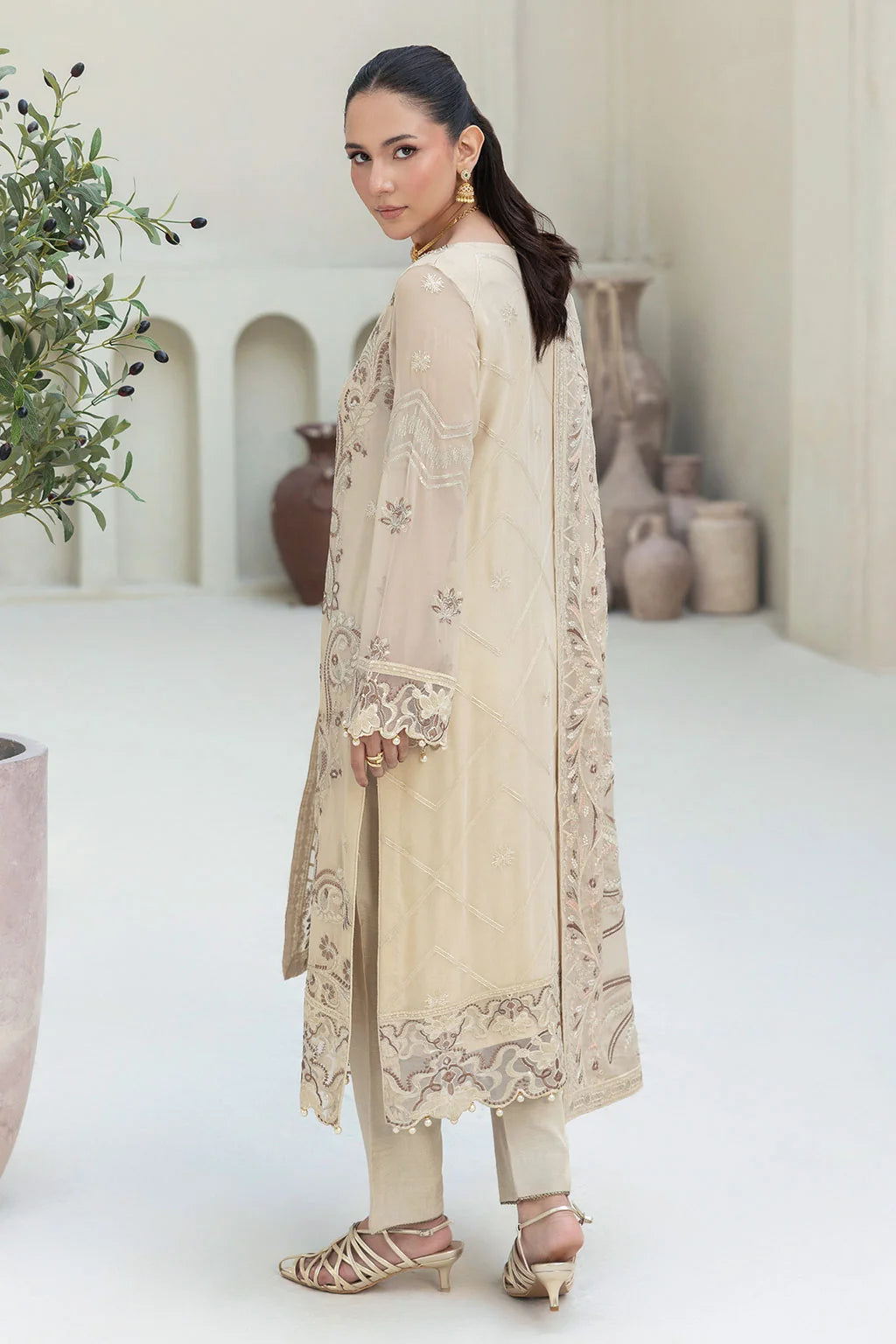 Embroidered Chiffon Suit with Sequins & Hand Embellished Organza ( EC110 )