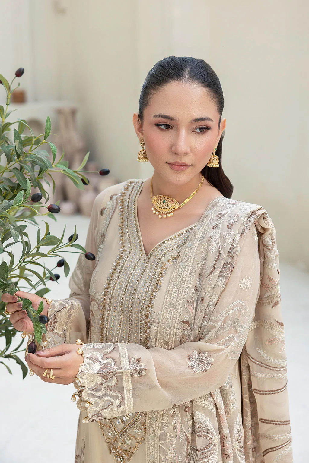 Embroidered Chiffon Suit with Sequins & Hand Embellished Organza ( EC110 )