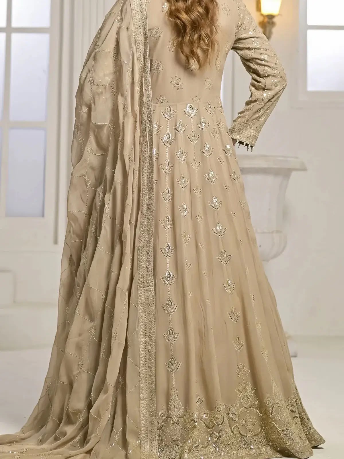 Champagne Golden Hand Embroidered Long Gown with Dupatta