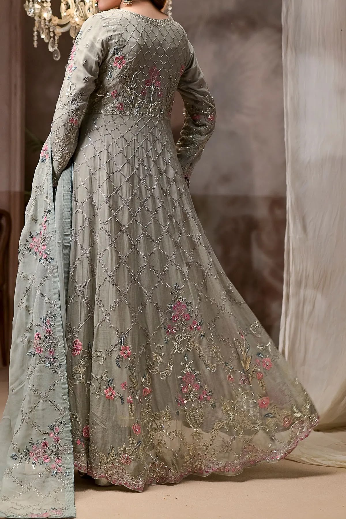 Grey Hand Embroidered Long Dress with Floral Detailing