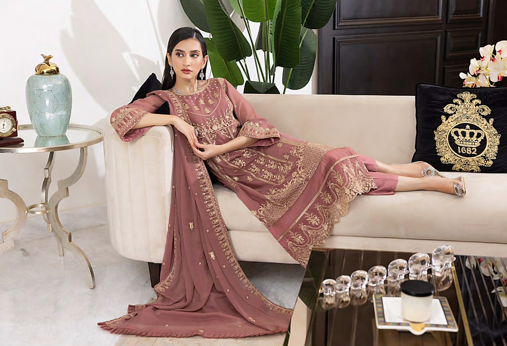 Luxury Sequins Embroidered Chiffon-Rose Pink