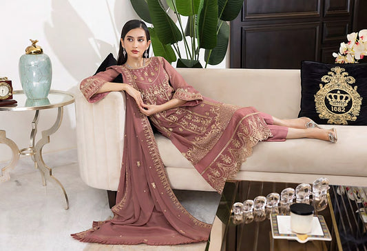 Luxury Sequins Embroidered Chiffon-Rose Pink