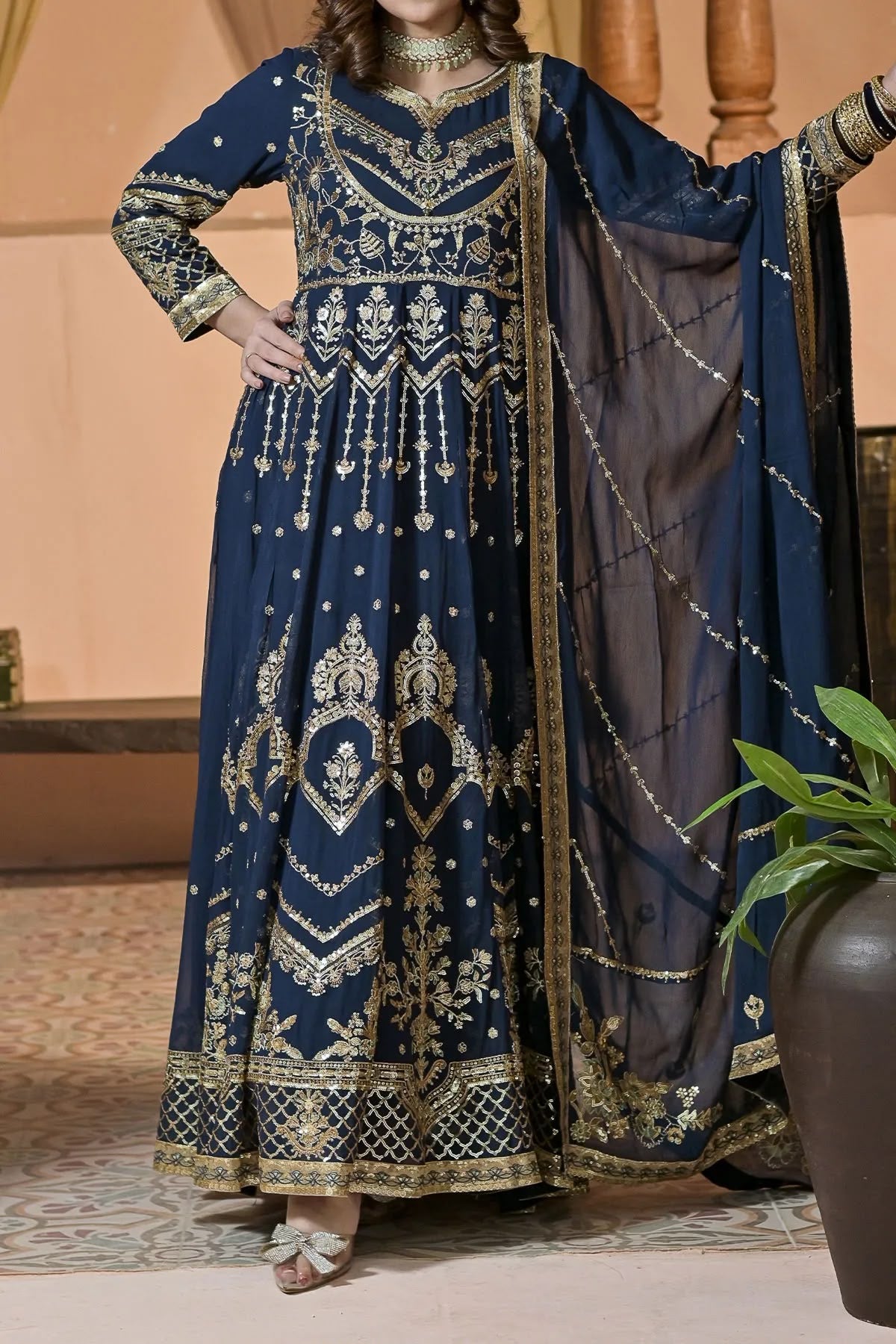 Blue Hand Embroidered Long Anarkali with Dupatta