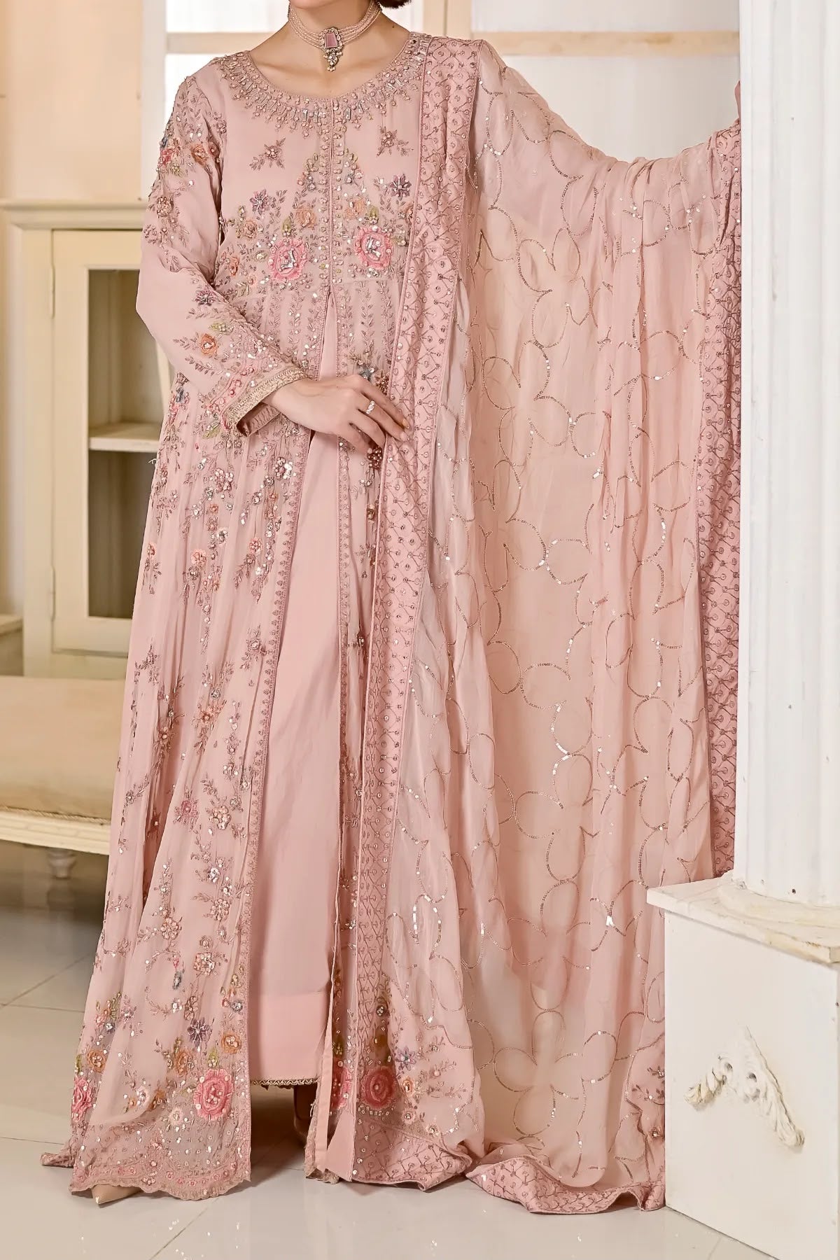 Blush Pink Hand Embroidered Long Front-Open Dress with Dupatta