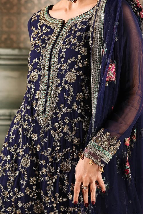 Navy Blue Chiffon Embroidered 3-Piece Suit with Golden Detailing
