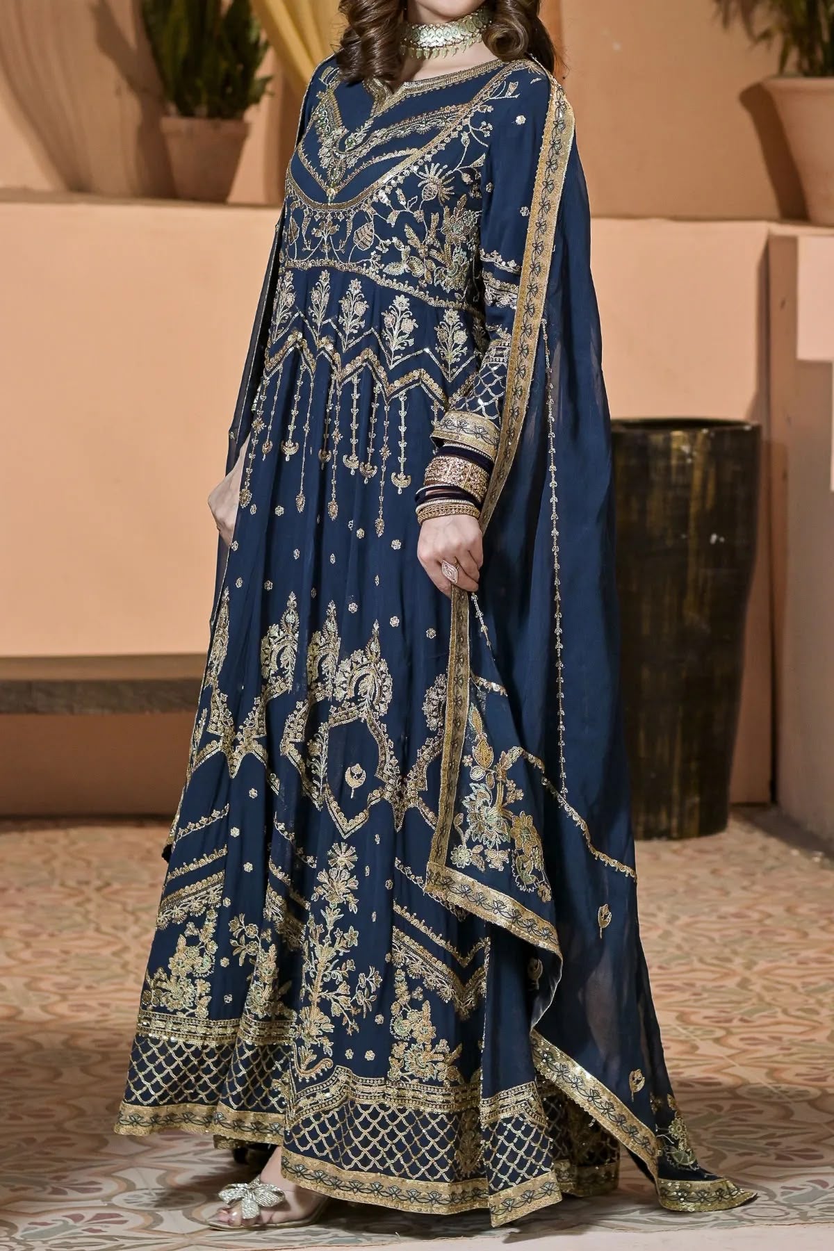 Blue Hand Embroidered Long Anarkali with Dupatta