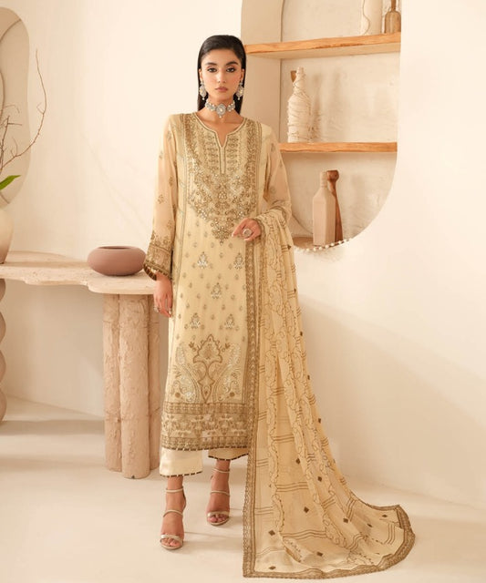 Elegant Embroidered Chiffon Suit with Sequins & Organza Borders ( EC127 )
