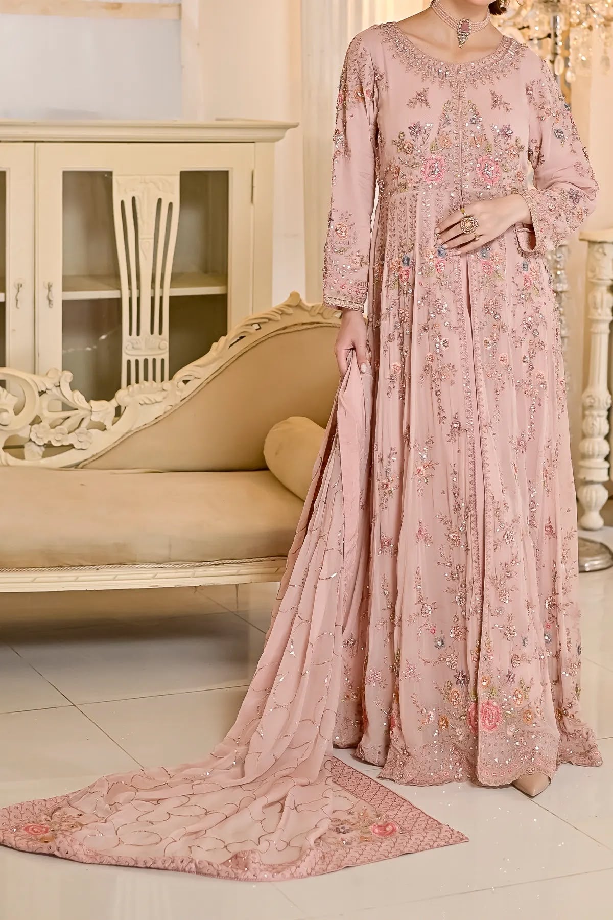 Blush Pink Hand Embroidered Long Front-Open Dress with Dupatta