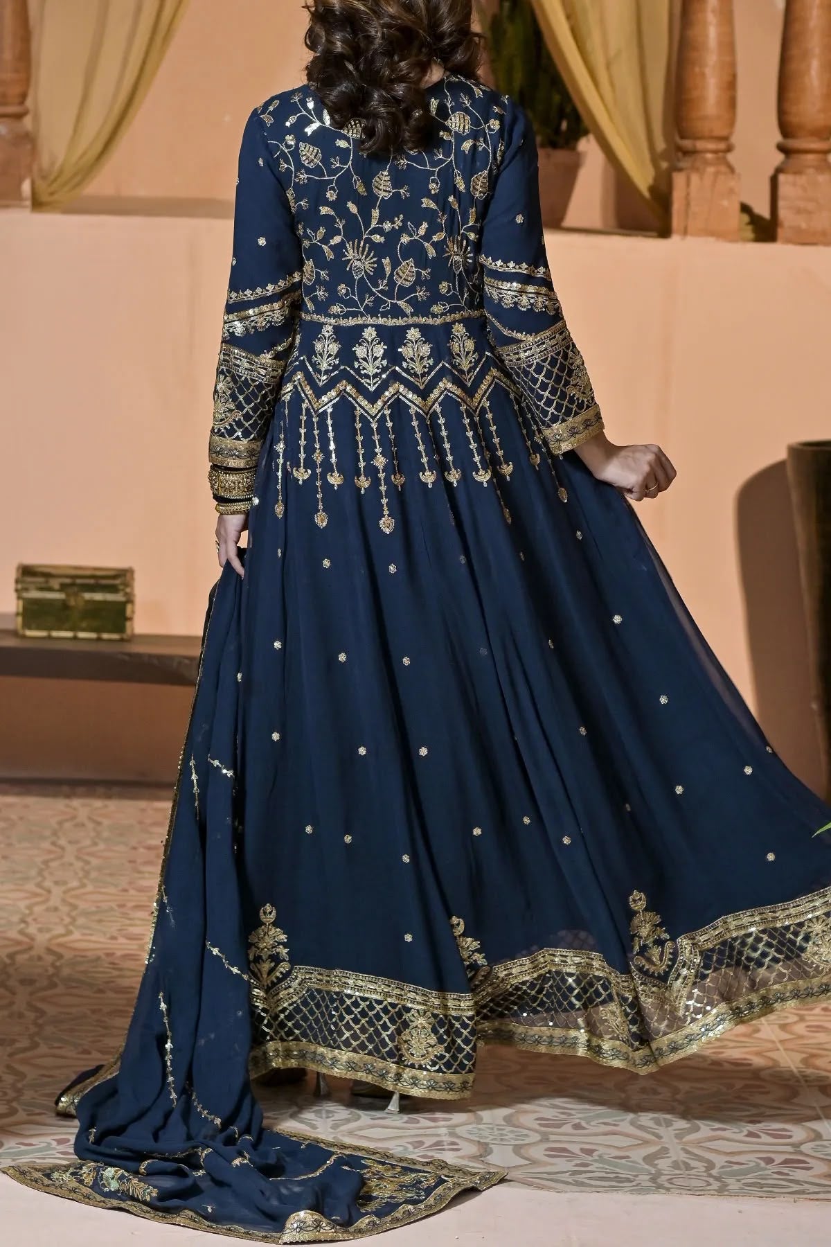 Blue Hand Embroidered Long Anarkali with Dupatta