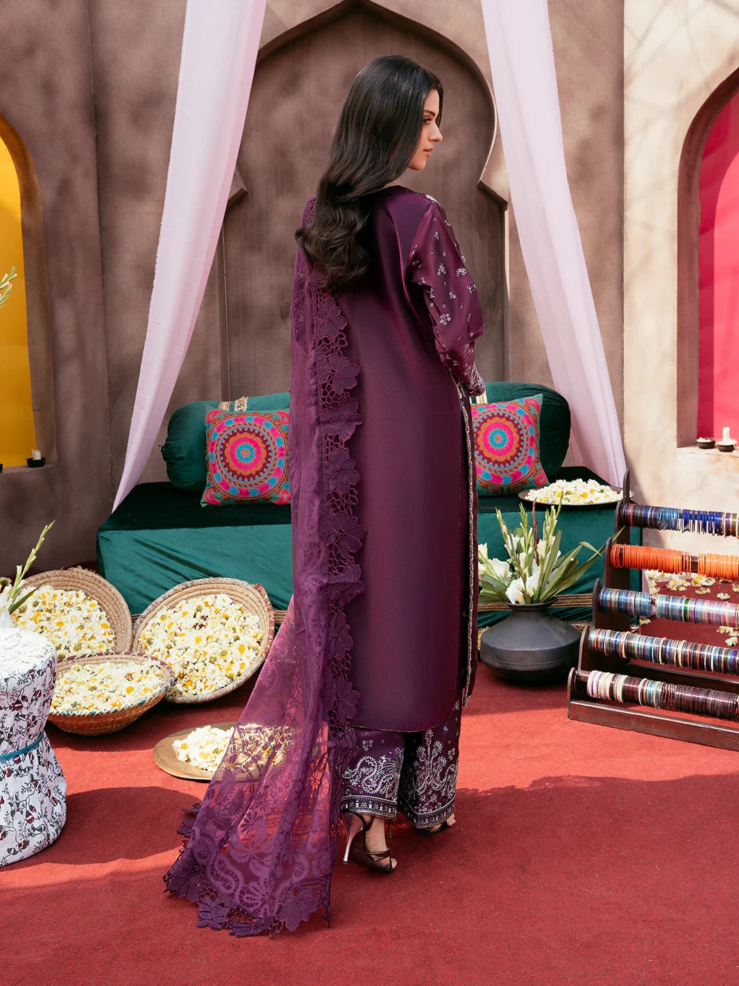 Chiffon Embroidered Shirt with Silk Sharara & Net Dupatta