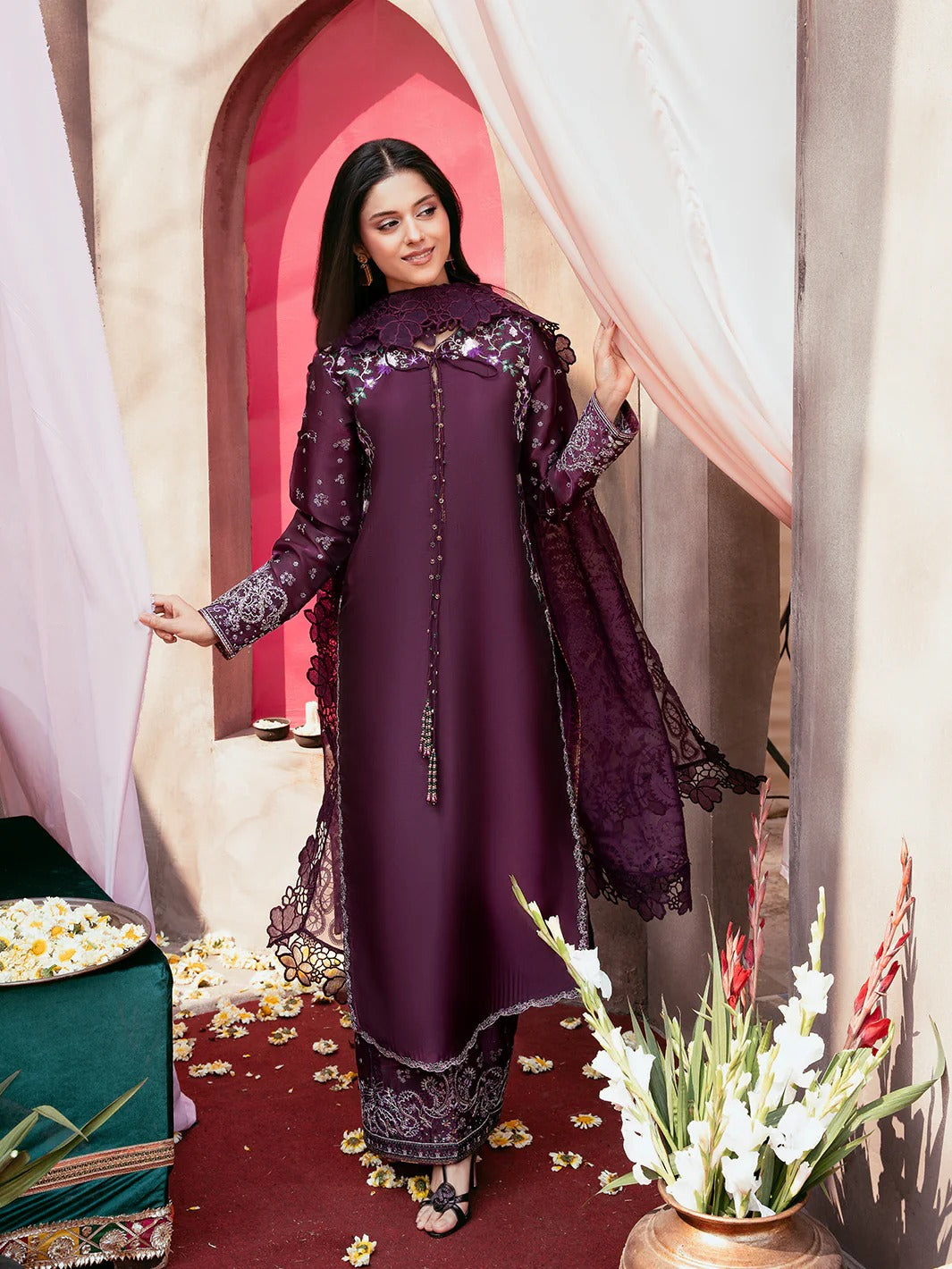 Chiffon Embroidered Shirt with Silk Sharara & Net Dupatta