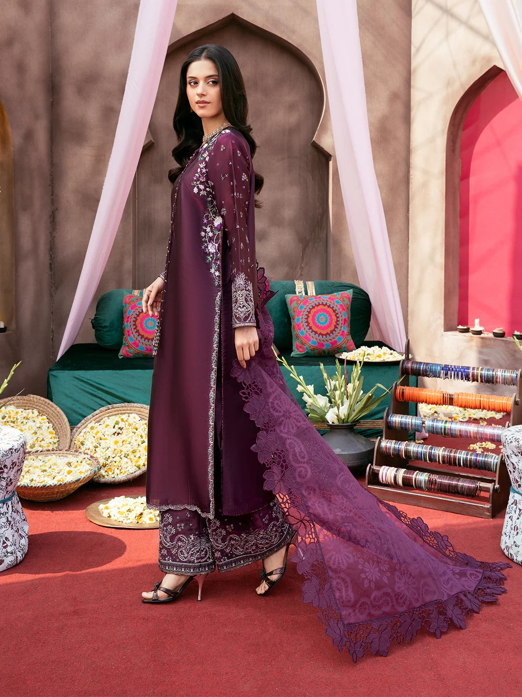 Chiffon Embroidered Shirt with Silk Sharara & Net Dupatta