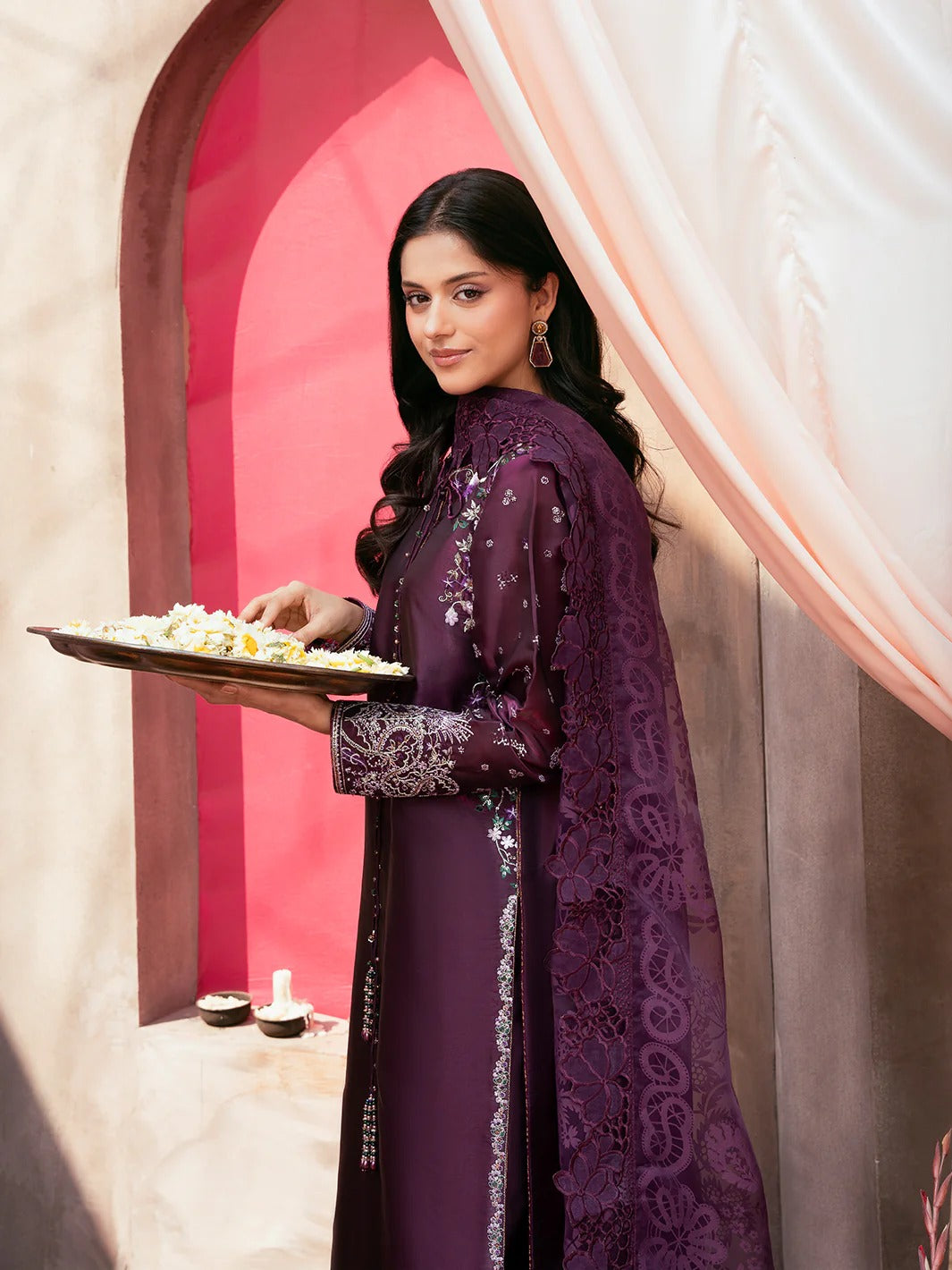 Chiffon Embroidered Shirt with Silk Sharara & Net Dupatta