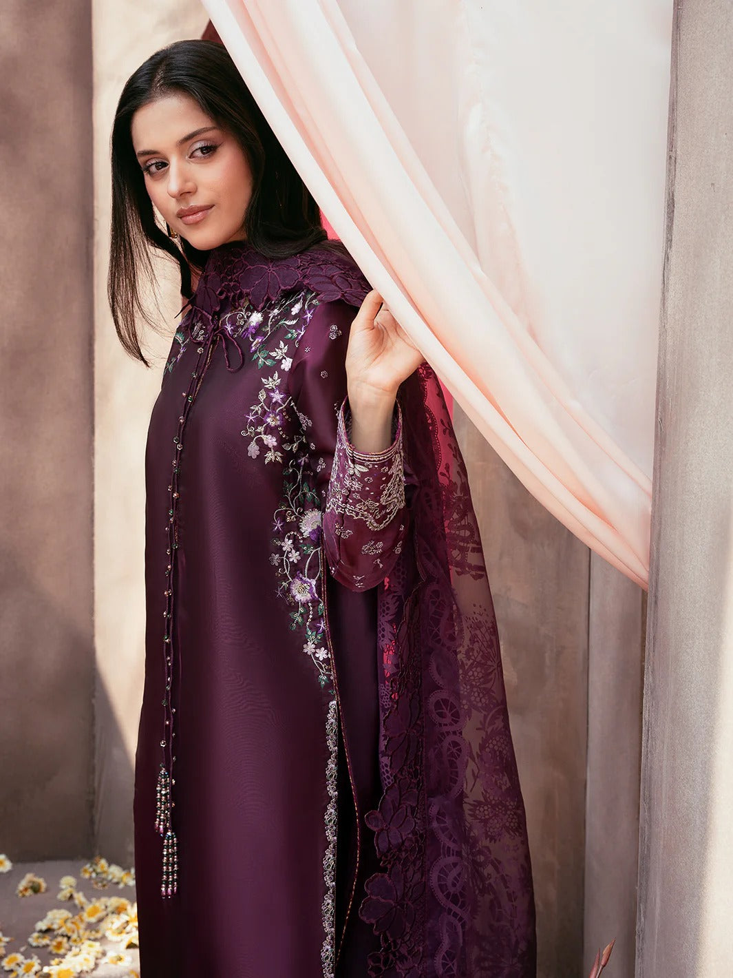 Chiffon Embroidered Shirt with Silk Sharara & Net Dupatta