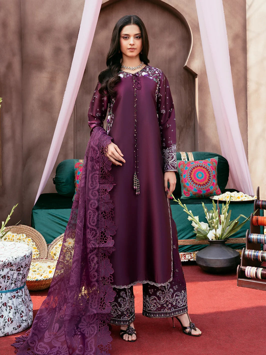 Chiffon Embroidered Shirt with Silk Sharara & Net Dupatta