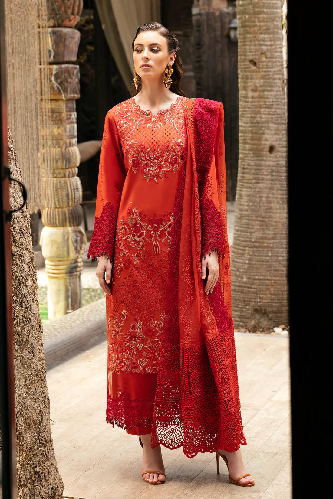 Orange Embroidered Lawn Three Piece Suit (Nisha Collection)