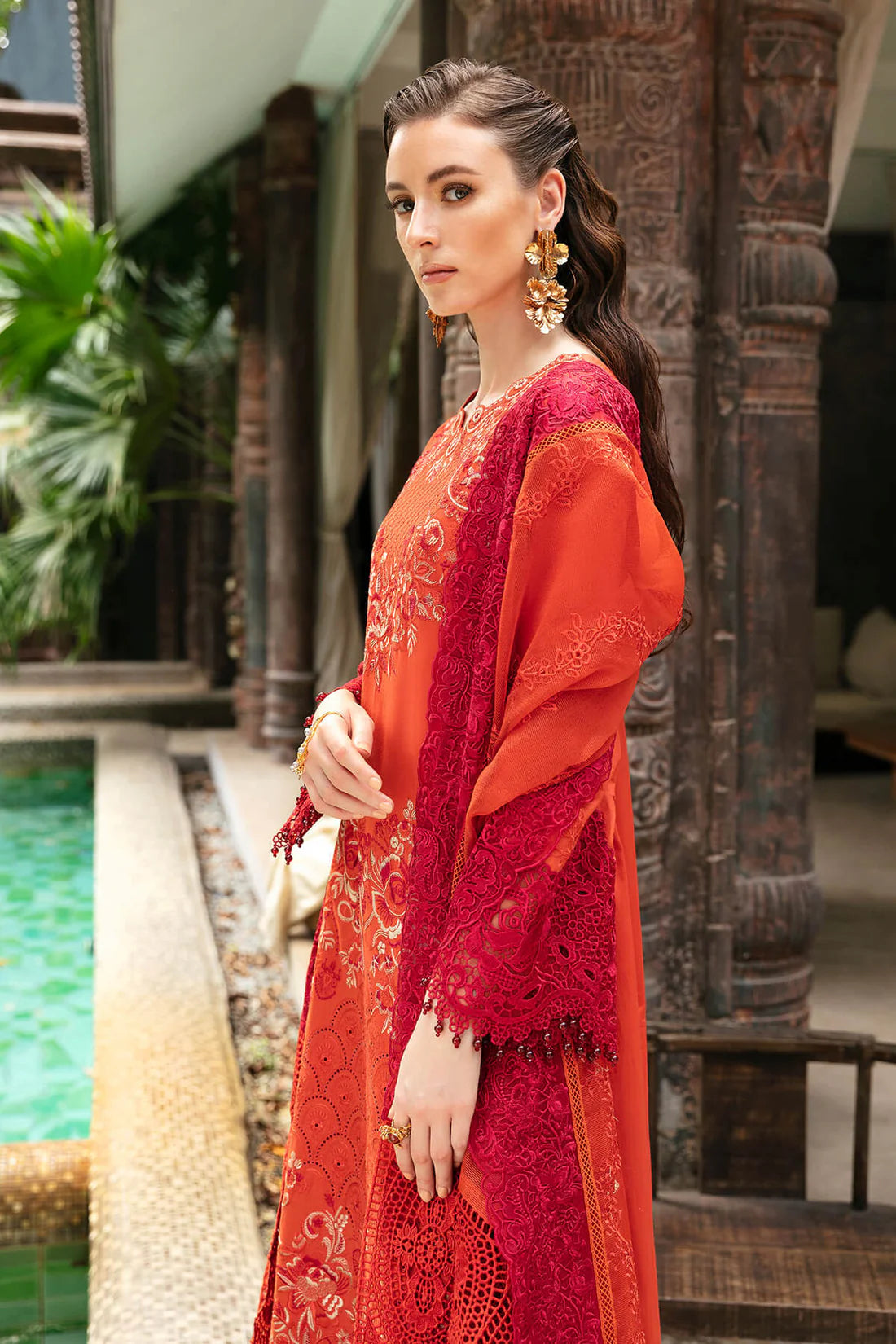 Orange Embroidered Lawn Three Piece Suit (Nisha Collection)