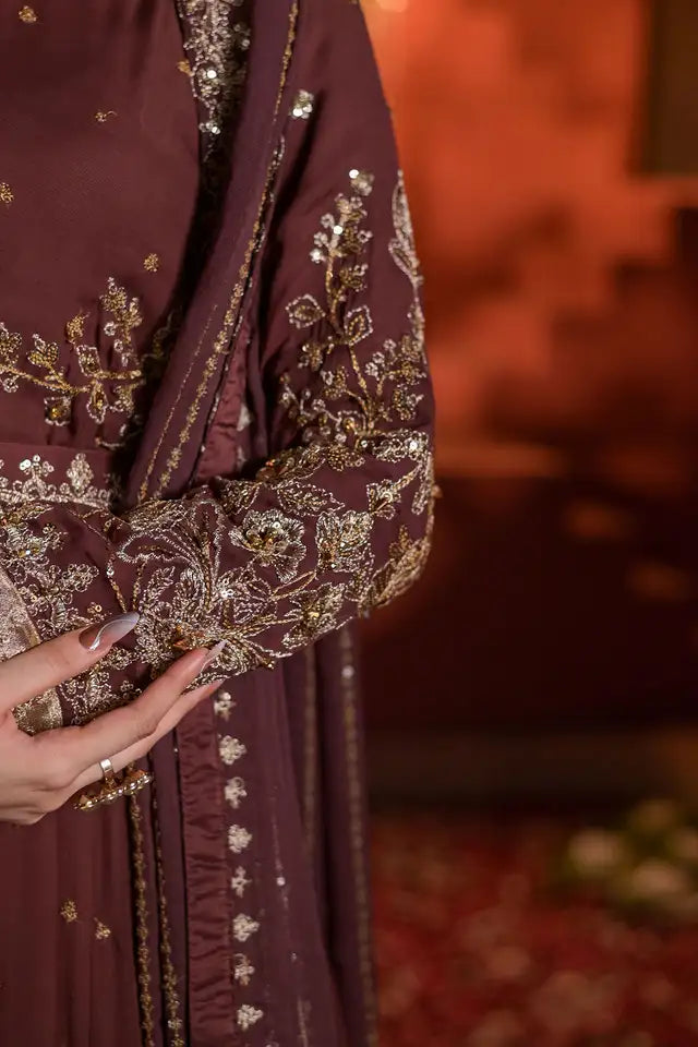 Deep Brown Embroidered Chiffon Anarkali Maxi with Dupatta