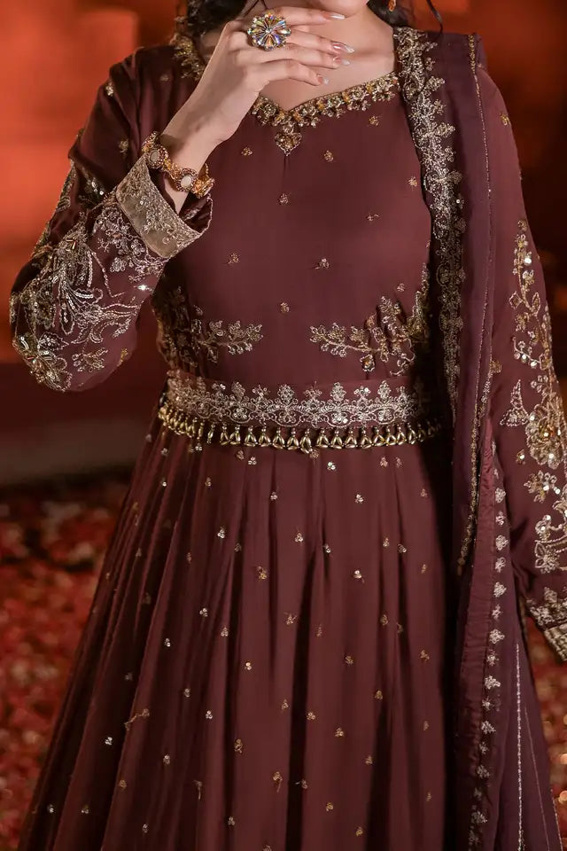 Deep Brown Embroidered Chiffon Anarkali Maxi with Dupatta