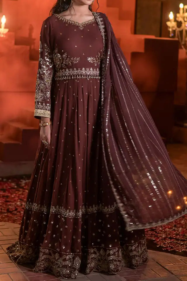 Deep Brown Embroidered Chiffon Anarkali Maxi with Dupatta