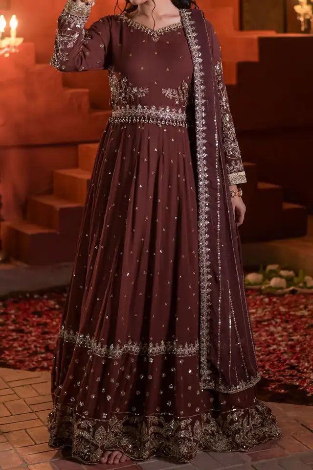 Deep Brown Embroidered Chiffon Anarkali Maxi with Dupatta
