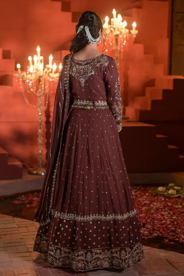 Deep Brown Embroidered Chiffon Anarkali Maxi with Dupatta