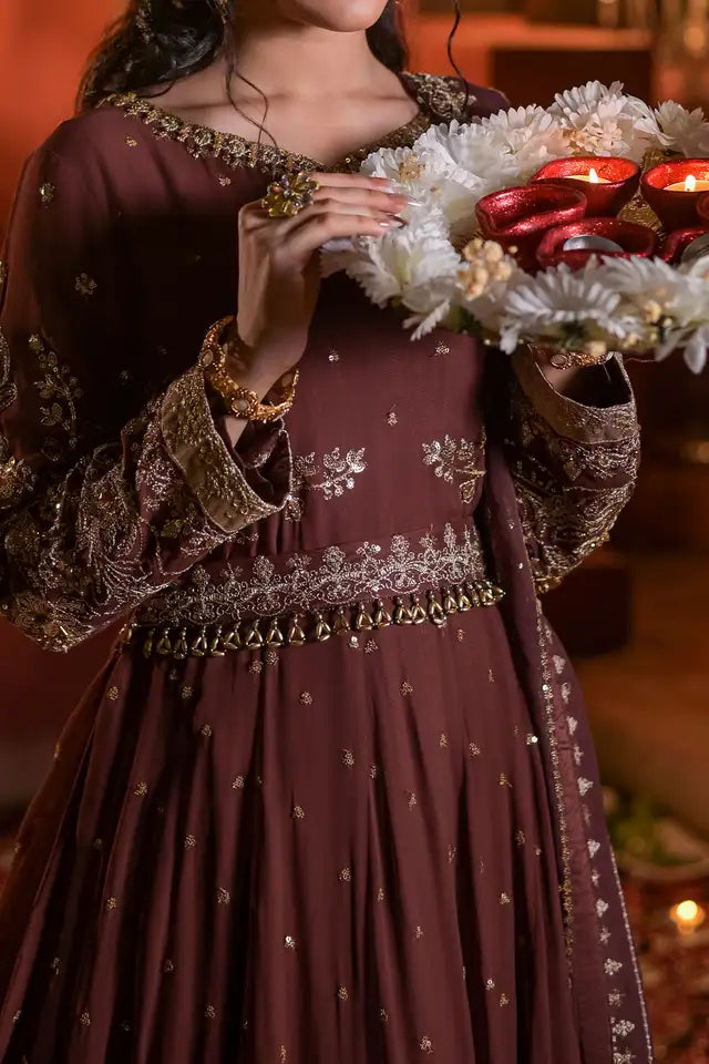 Deep Brown Embroidered Chiffon Anarkali Maxi with Dupatta