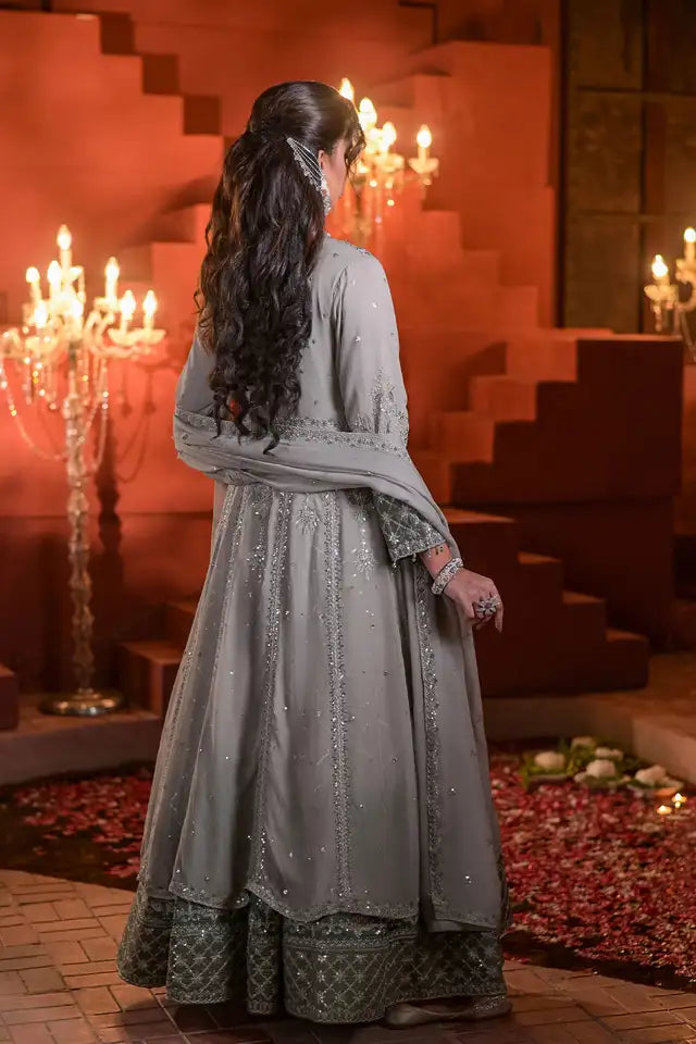 Grey Embroidered Chiffon Double Layer Maxi with Dupatta