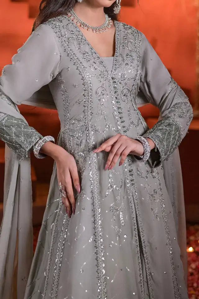 Grey Embroidered Chiffon Double Layer Maxi with Dupatta