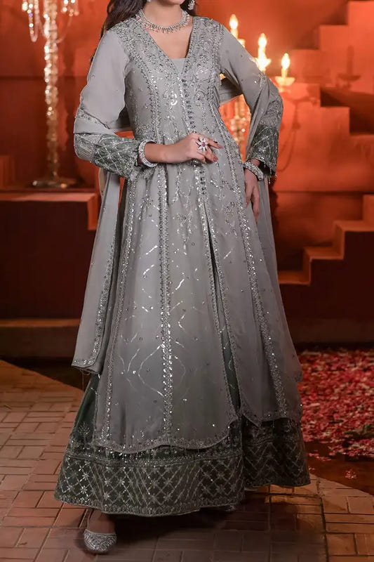 Chiffon Maxi in Grey Color with Dupatta by Rafia - EC101 - Pakistani Designer Outfit by Eastern Clozet