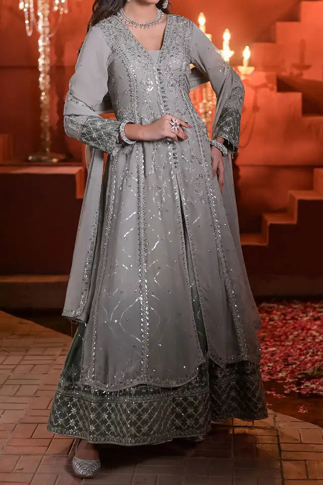 Grey Embroidered Chiffon Double Layer Maxi with Dupatta