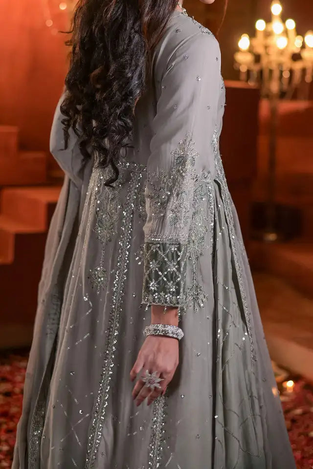 Grey Embroidered Chiffon Double Layer Maxi with Dupatta