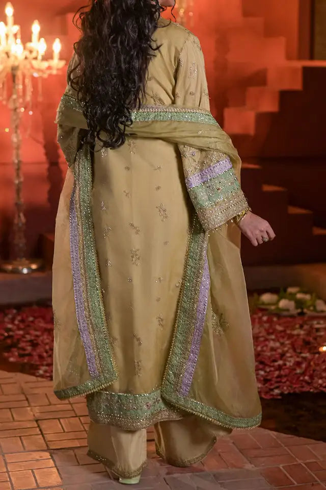 Sage Green Embroidered Organza Three Piece Suit with Dupatta
