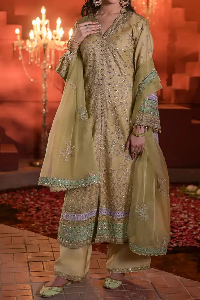 Sage Green Embroidered Organza Three Piece Suit with Dupatta