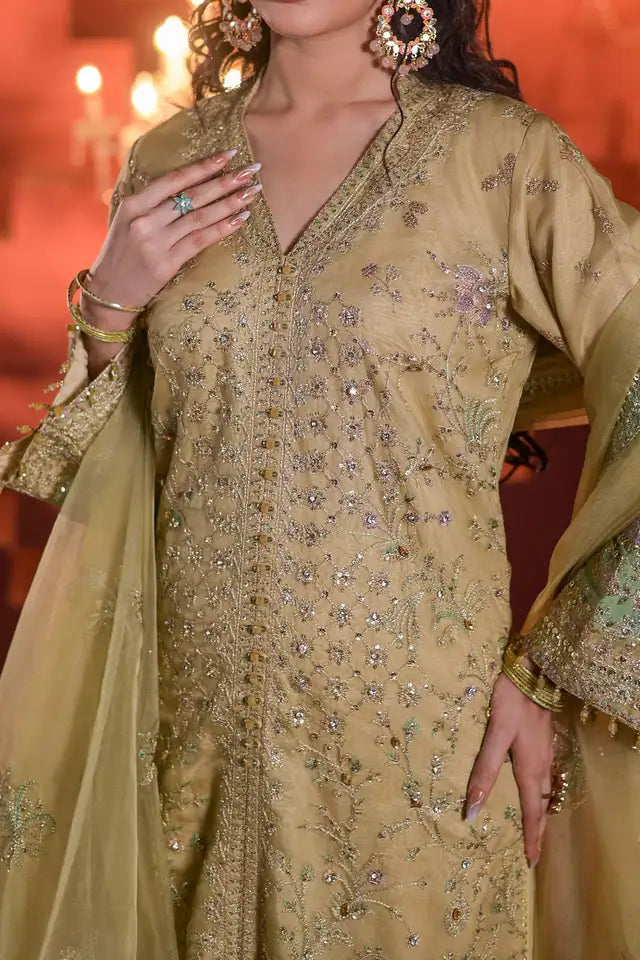 Sage Green Embroidered Organza Three Piece Suit with Dupatta