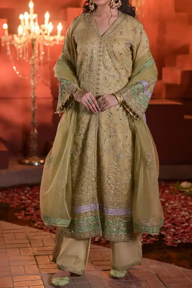 Sage Green Embroidered Organza Three Piece Suit with Dupatta