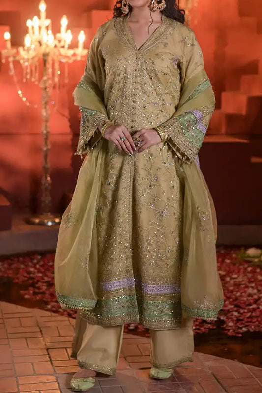 Sage Green Embroidered Organza Three Piece Suit with Dupatta ( EC102 )