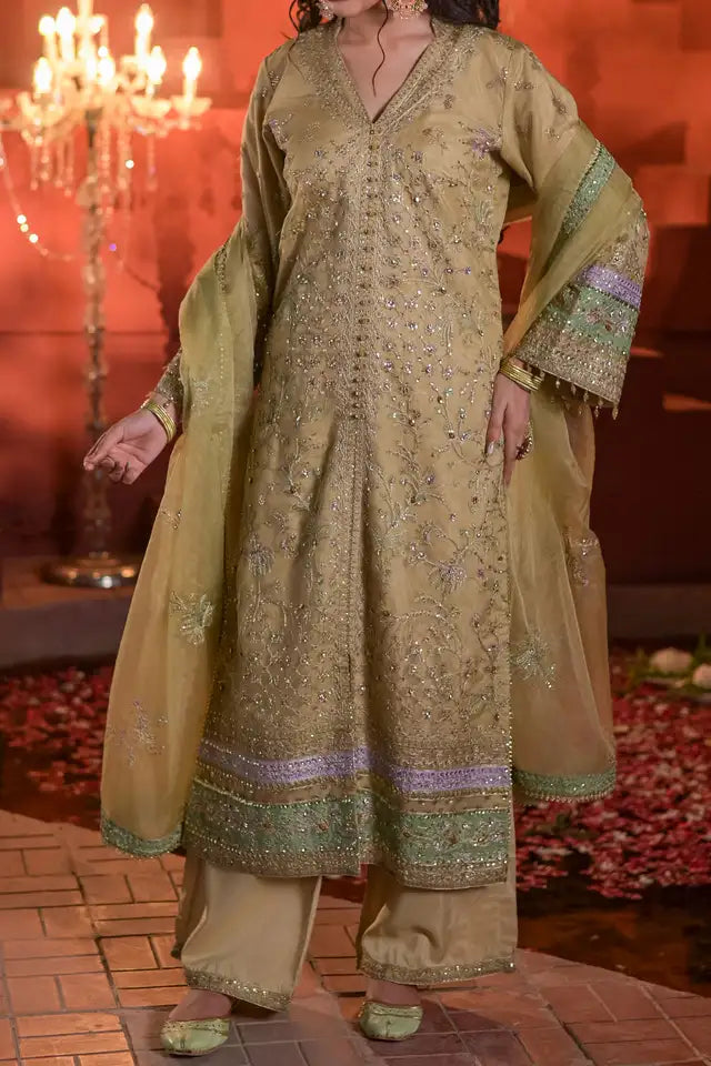 Sage Green Embroidered Organza Three Piece Suit with Dupatta